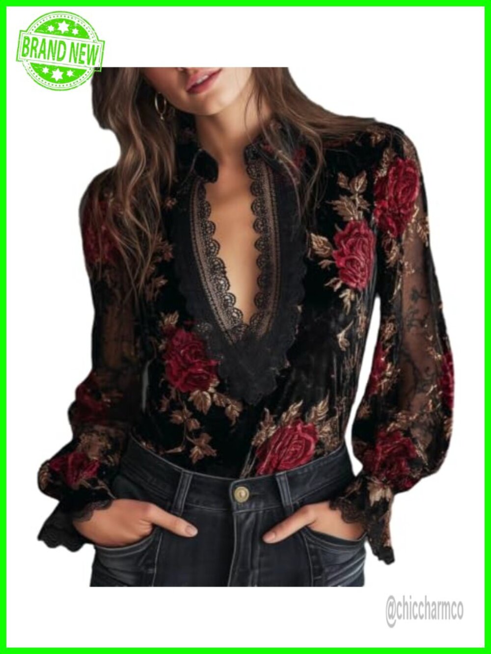 RISCUYY Velvet Floral Blouse V Neck Lace Long Sleeve Top